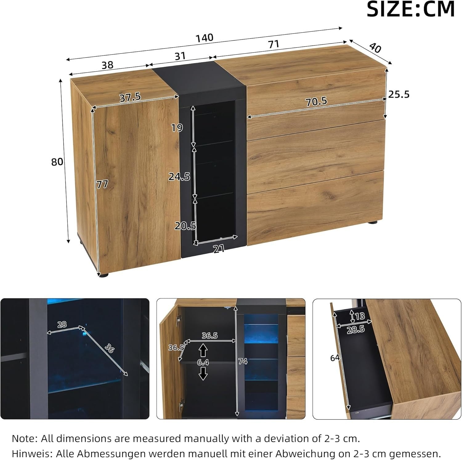 LED Sideboard Cabinet Glass Door 3 Drawers Storage Unit Brown Black
