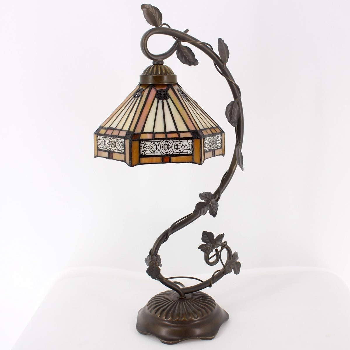 Stained Glass Tiffany Desk Lamp Antique Metal Leaf Base Bedside Reading Light
