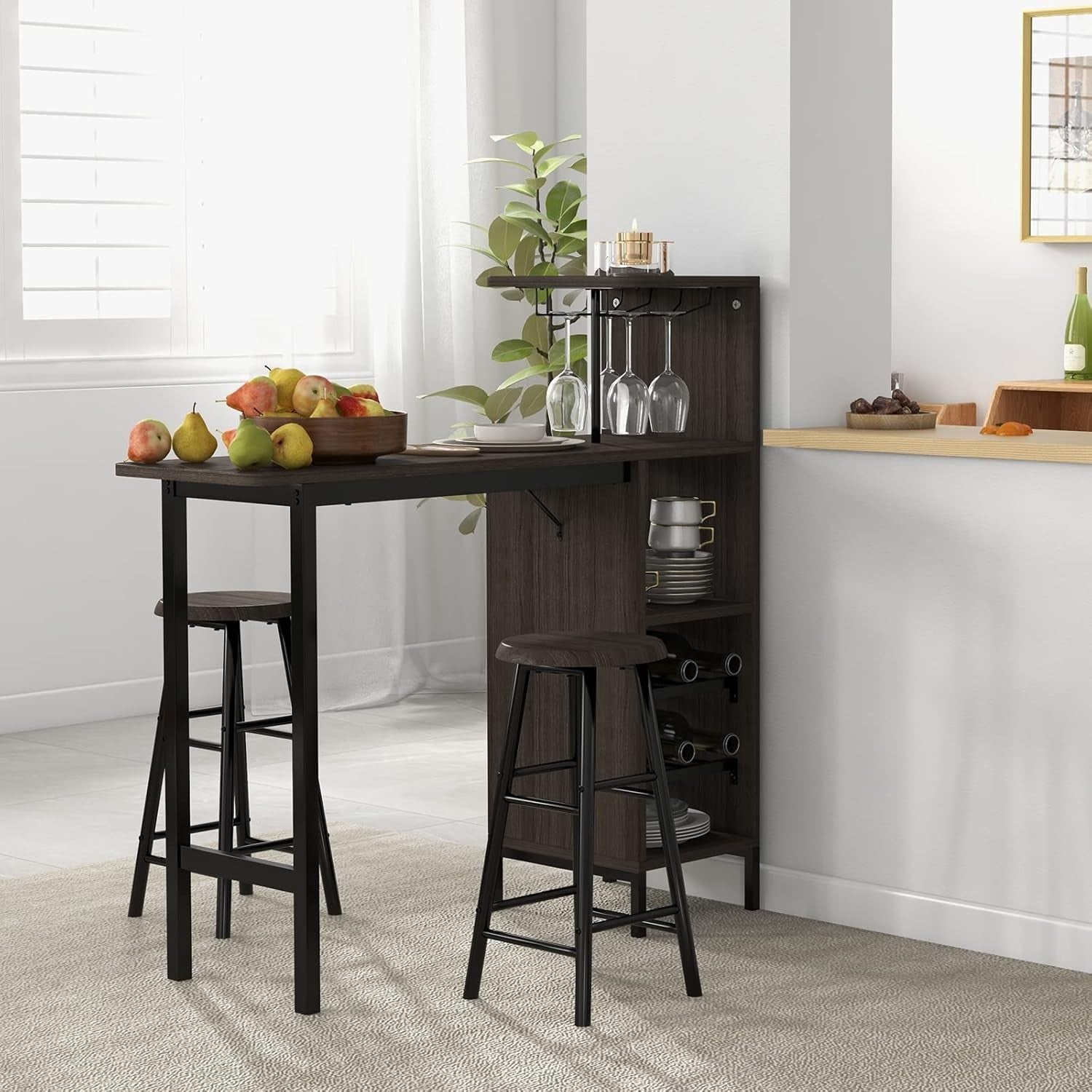 Brown 3-Piece Industrial Dining Bar Table Set with Shelves, Wine Rack & 2 Stools