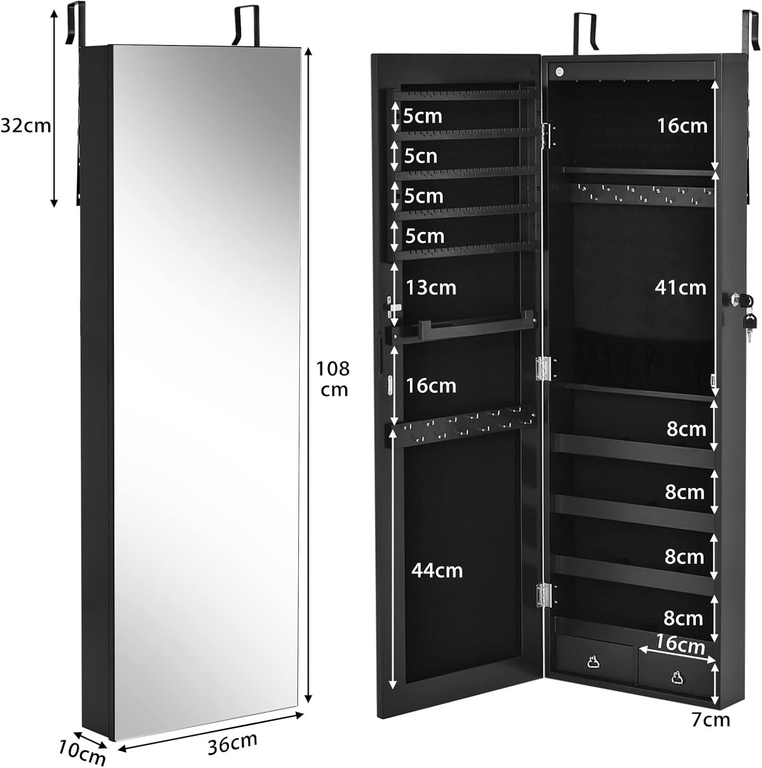 Black LED Jewelry Armoire Wall or Door Mounted Lockable Mirror Storage