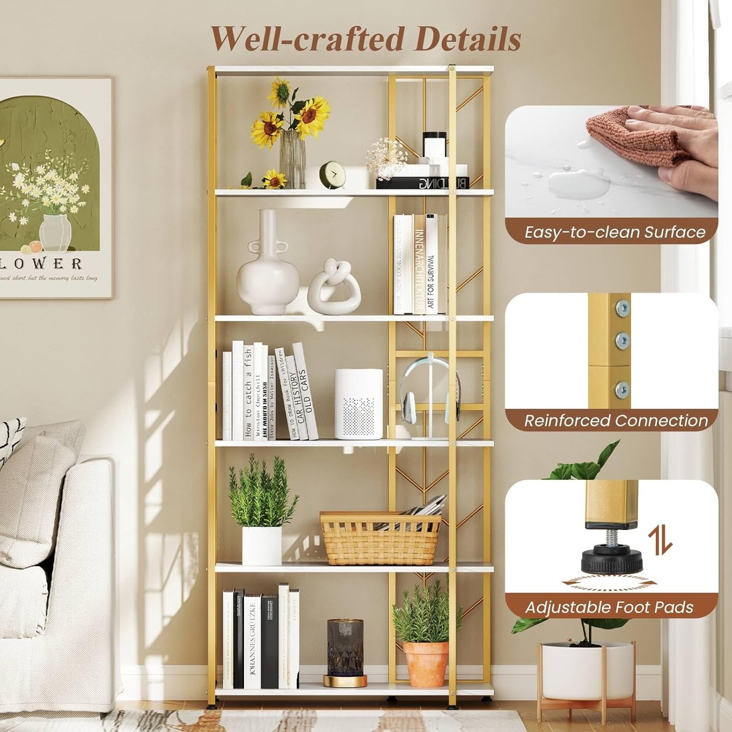 6-Tier Gold & White Bookshelf Modern Display Storage Unit Heavy-Duty Metal Frame