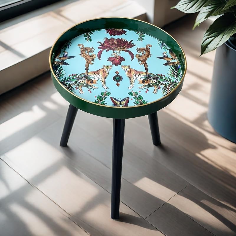 Round Side Table with Detachable Legs – 50x38x38cm Green Leopard
