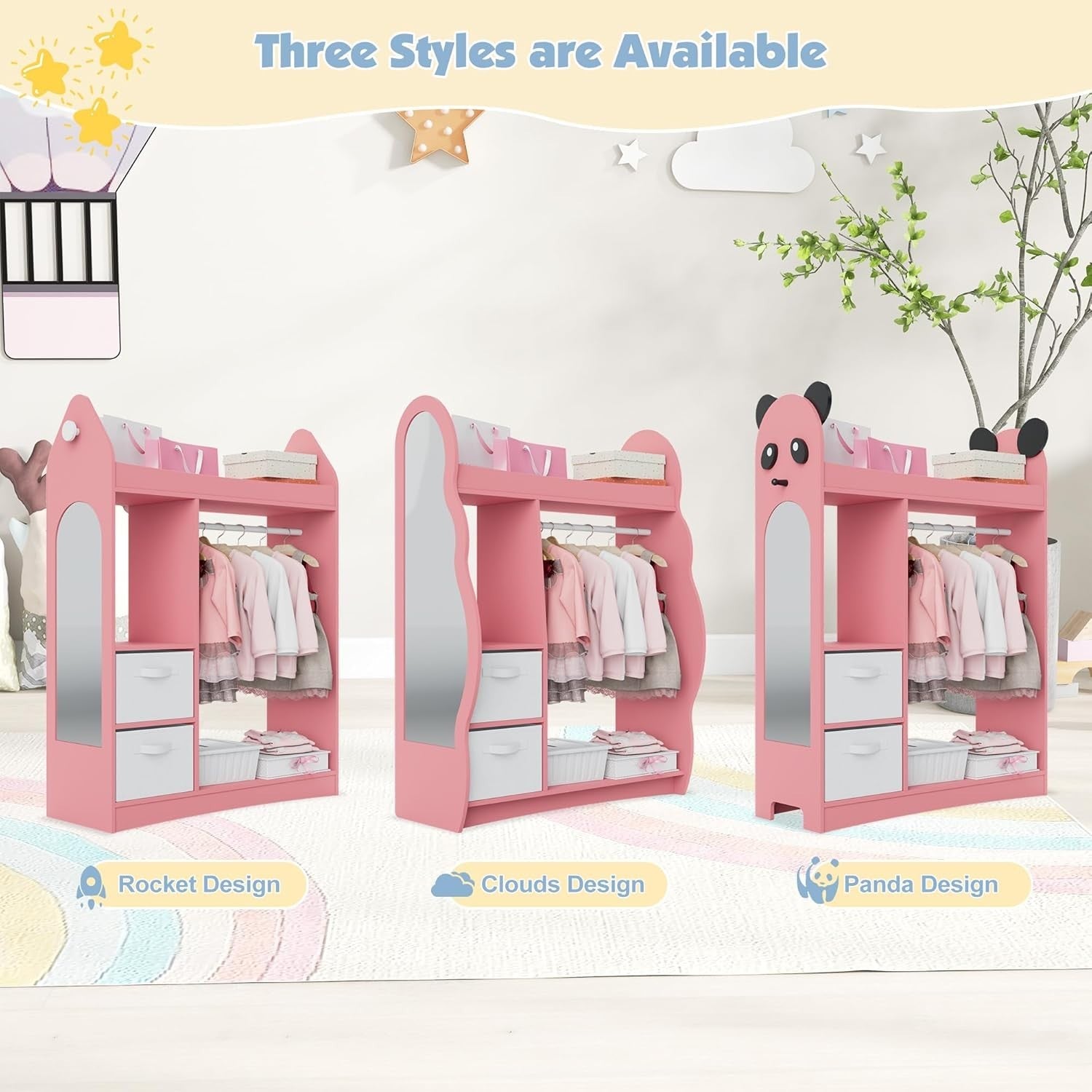 Kids Wardrobe with Mirror, 2 Drawers & Hanging Rail, Pink Rocket Design