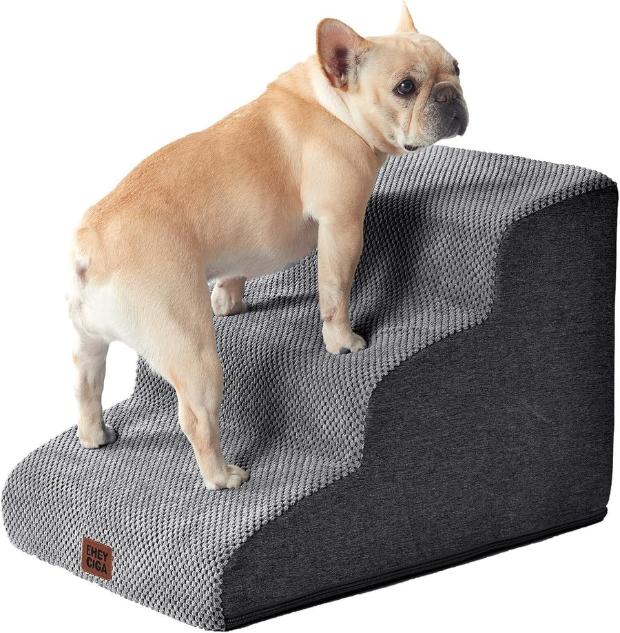 3 Step Dog Stairs for Bed Sofa Non Slip Foam Pet Steps Washable Grey