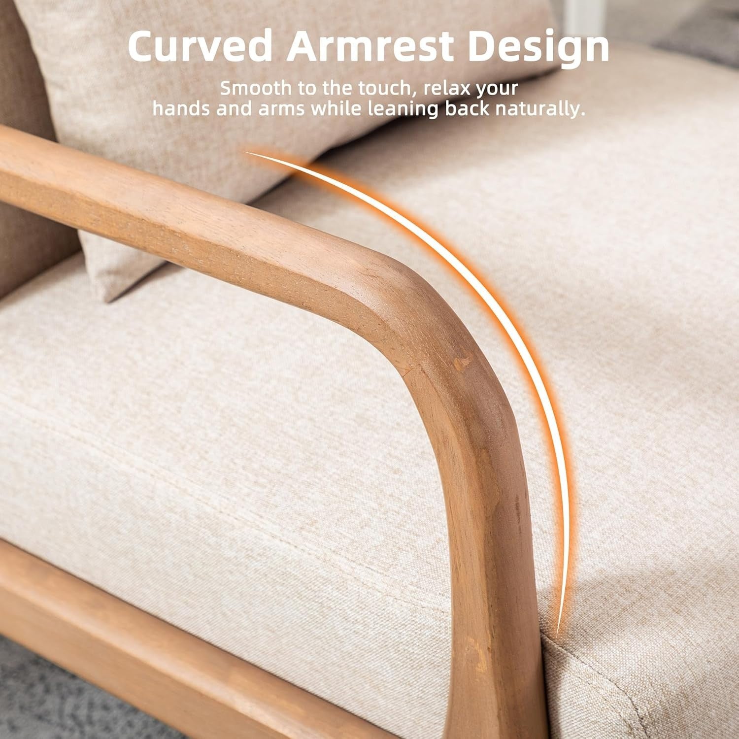 Beige Mid-Century Armchair with Lumbar Cushion | Solid Wood Lounge Chair