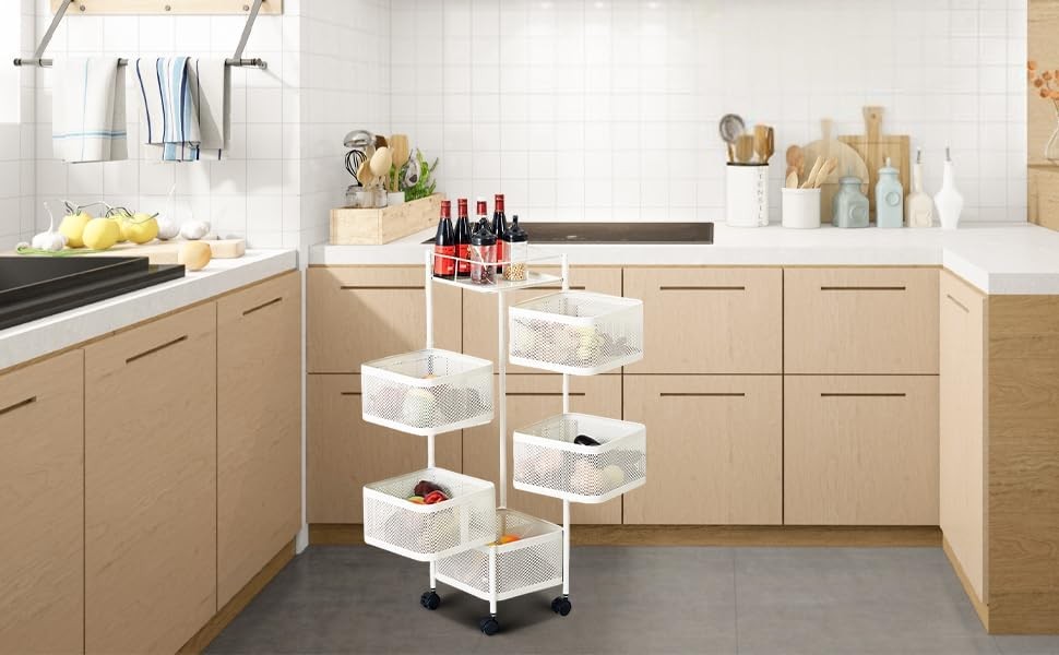 5 Tier Rotating Vegetable Rack Storage Trolley on Wheels Metal Mesh