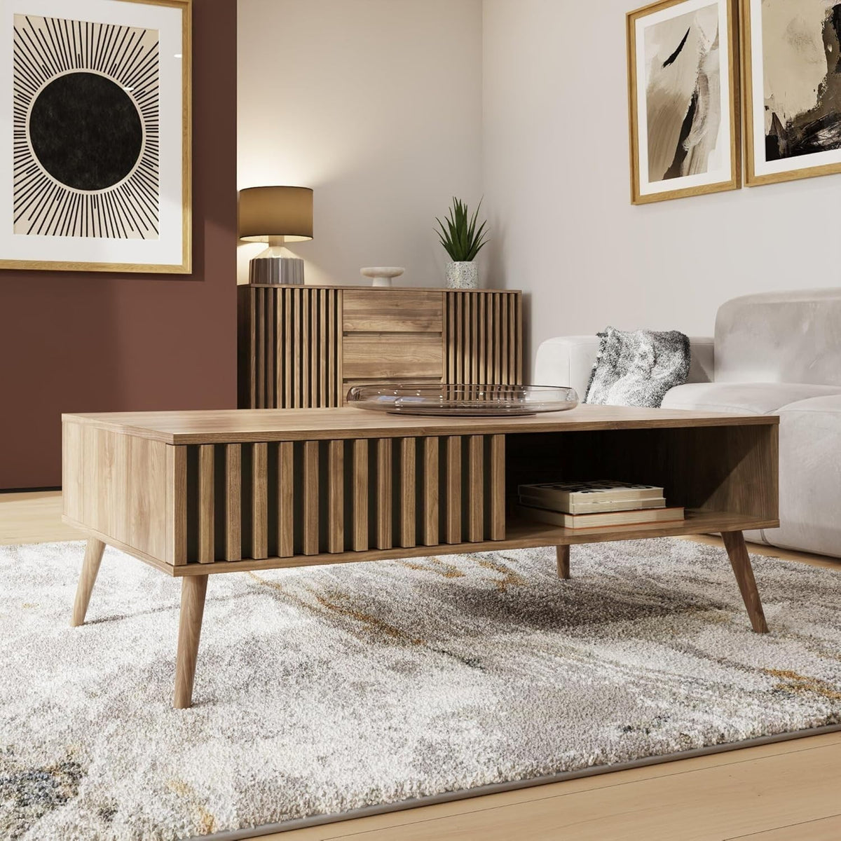Modern Oak Coffee Table with Drawer & Shelf | Living Room Storage Display 119cm