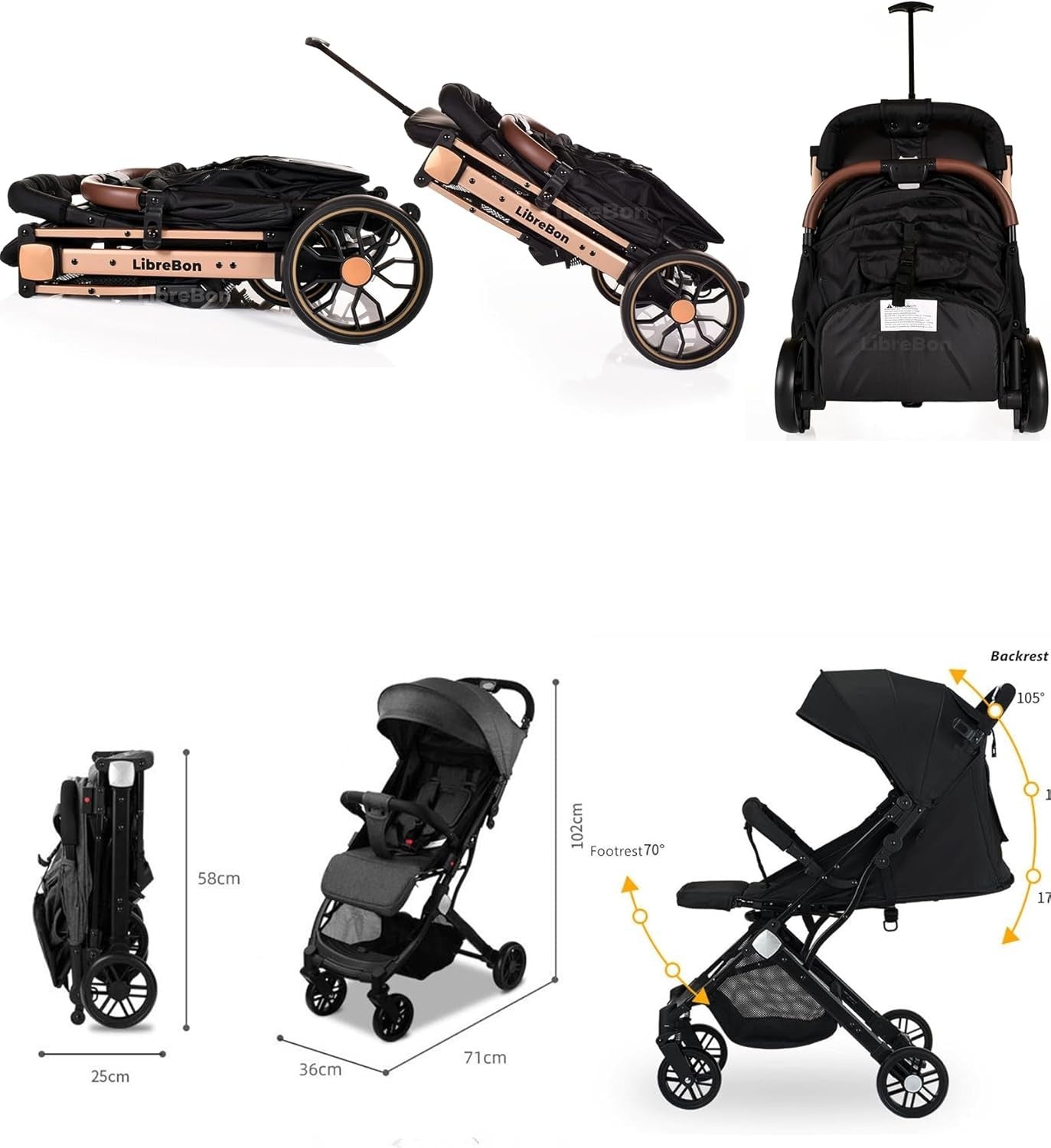 Lightweight Travel Baby Stroller One Hand Fold Compact Buggy Pink Gold