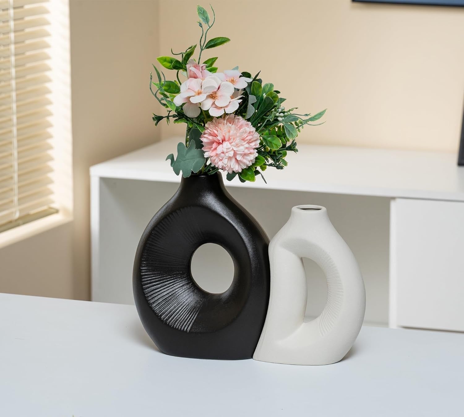 Ceramic Vase of 2 Minimalist Hollow Sculptural Decor for Pampas Grass