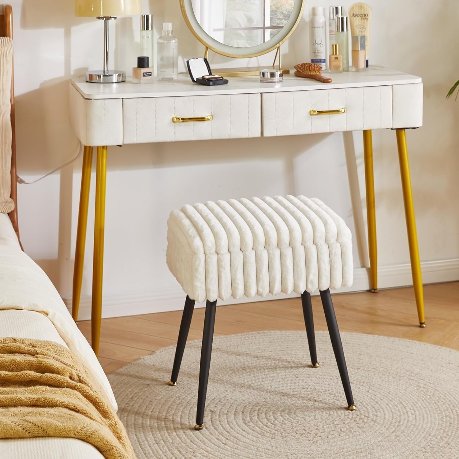 White Velvet Vanity Stool with Storage – Rectangular Ottoman for Bedroom