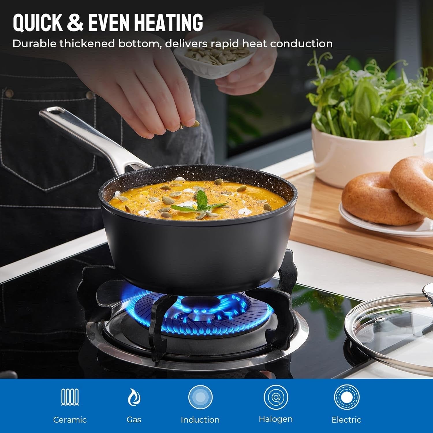 10Pcs Black Non Stick Induction Cookware Set with Frying Pans & Glass Lids
