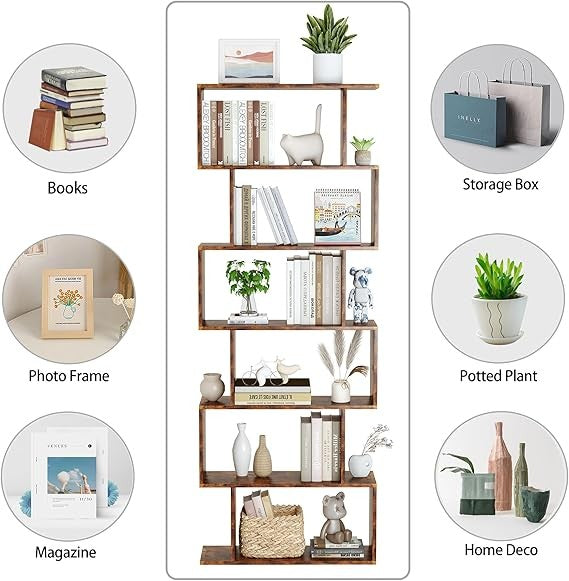 Tall Rustic Brown S-Shaped 6-Tier Bookshelf Modern Display Storage Unit Home