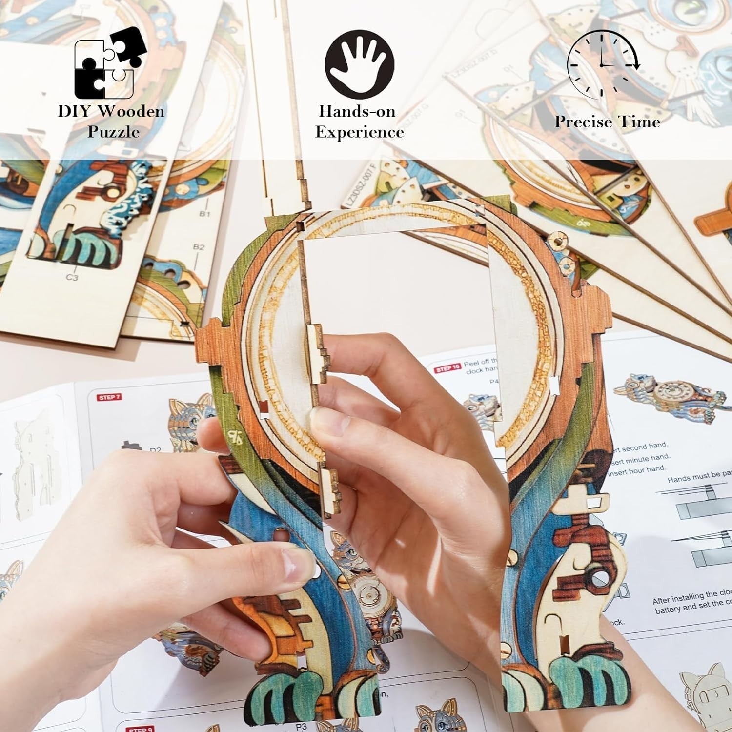 3D Wooden Cat Wall Clock Puzzle Kit – DIY Decor with Pendulum, Gift Idea