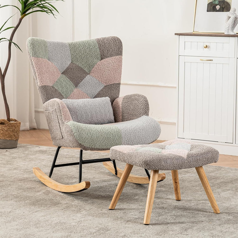 Rocking Chair w/ Footstool Wingback Ergonomic Lounge Seat for Reading Nursery