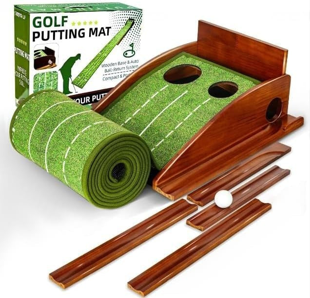 Wooden Golf Putting Mat Indoor Outdoor Practice Trainer Return Ball
