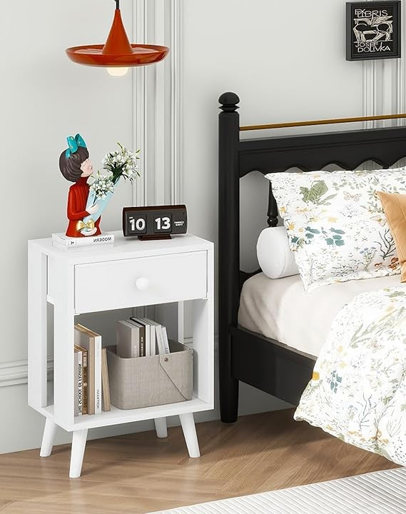 White Bedside Tables Set of 2, Modern Nightstands with Drawer & Shelf, Solid