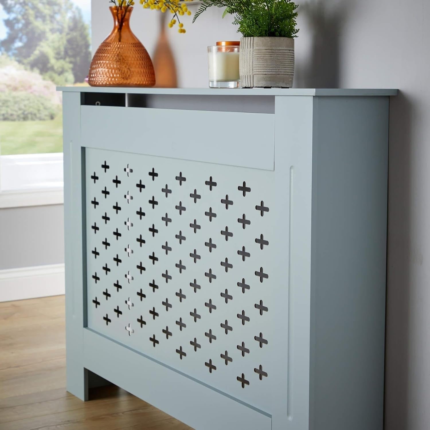 Grey Radiator Cover Medium 112cm Wooden Cabinet with Decorative Grill & Shelf