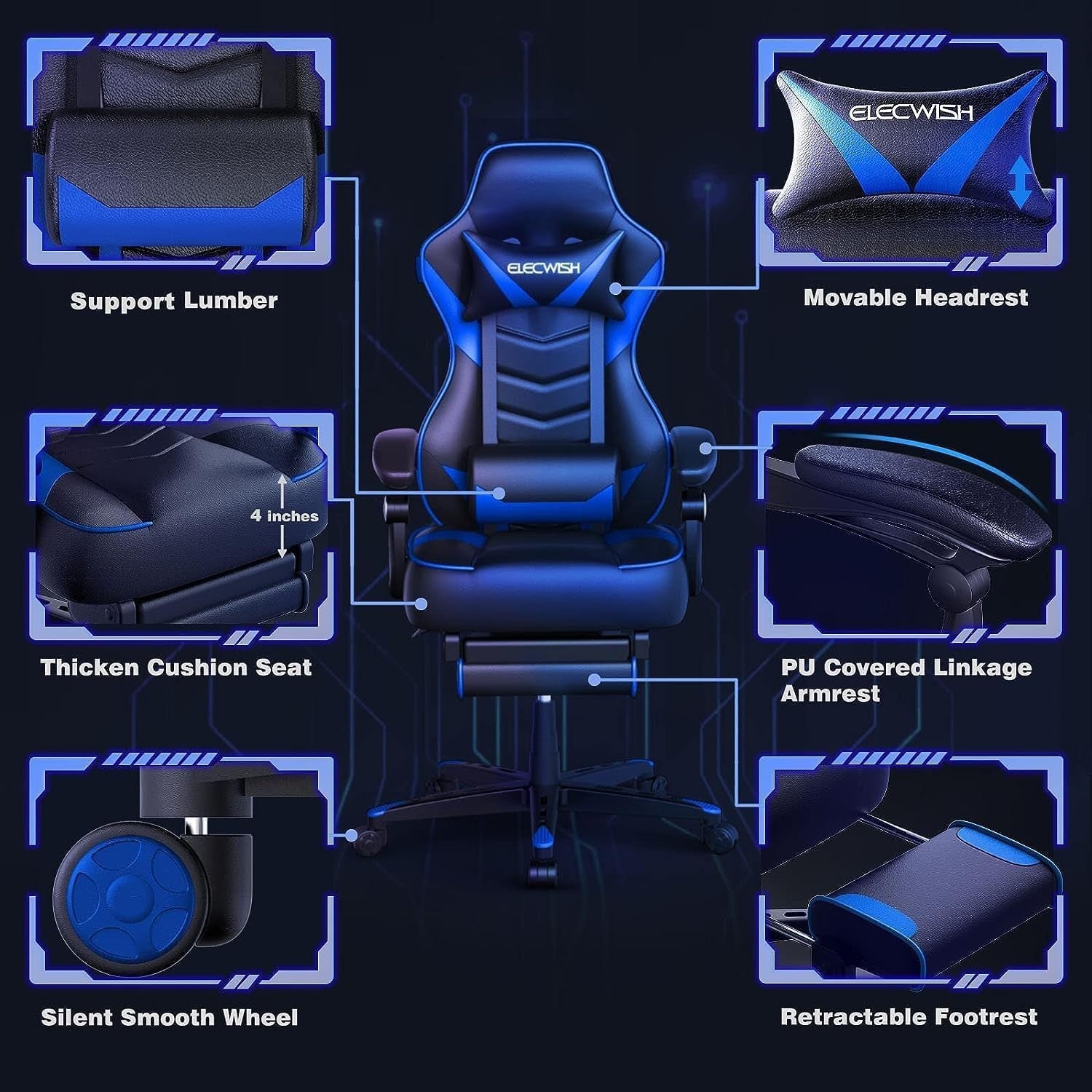 Ergonomic Gaming Chair with Footrest Massage 150° Recline Blue