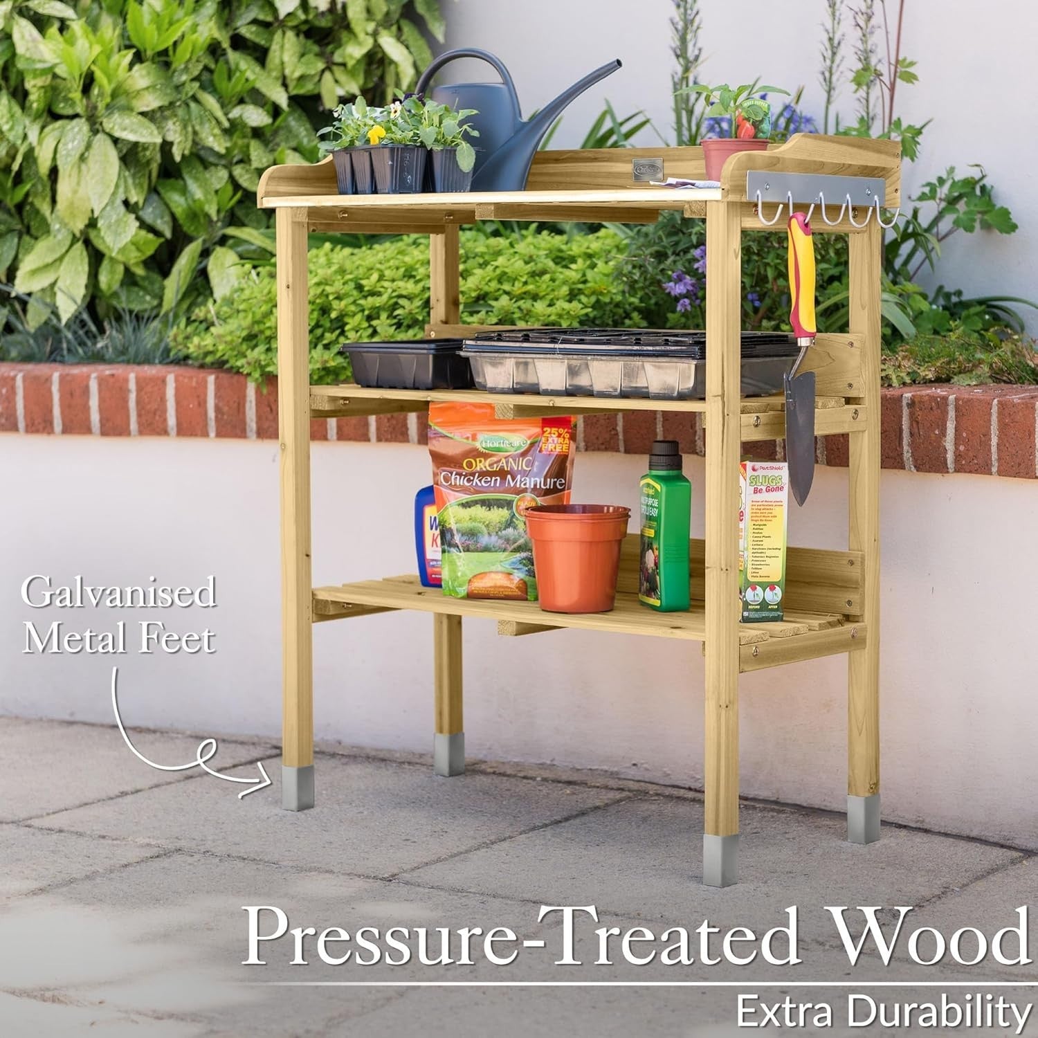 Wooden Garden Potting Table Bench Aluminium Top Shelves Hooks Outdoor