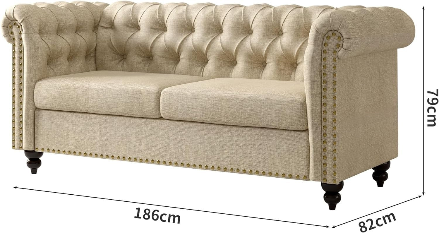 Luxury 2 Seater Chesterfield Sofa Beige Linen Couch for Lounge & Office