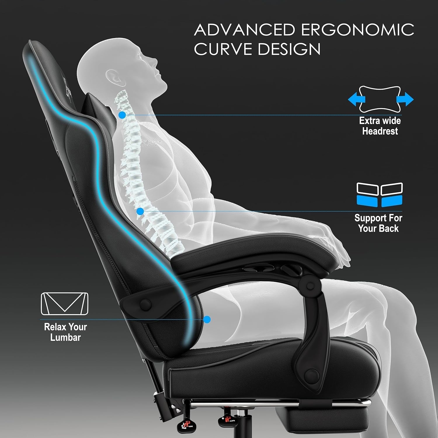 Ergonomic Gaming Chair w/ Footrest Recliner Lumbar Support Black Grey