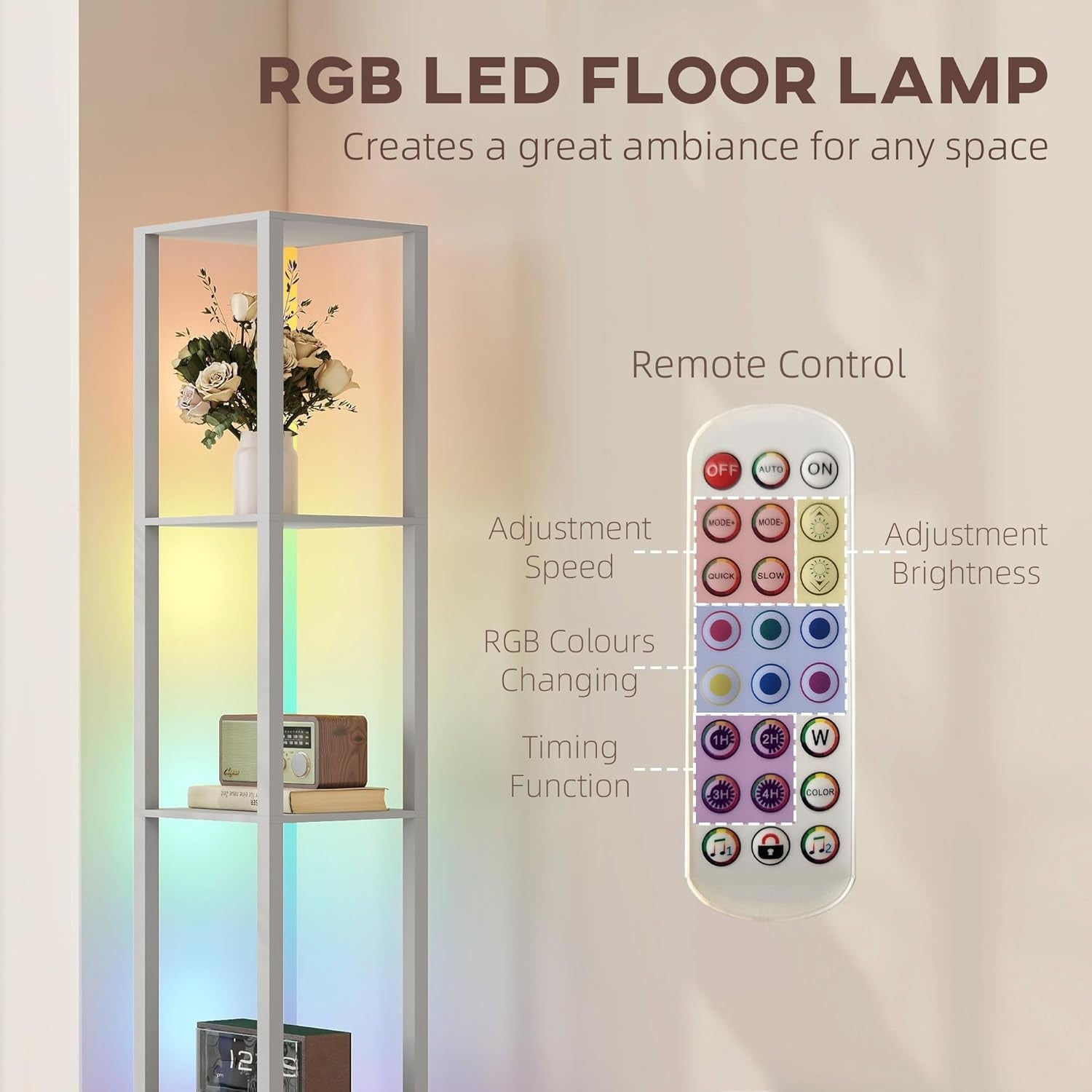 LED Floor Lamp with Shelves Dimmable Remote Control Modern Corner Light