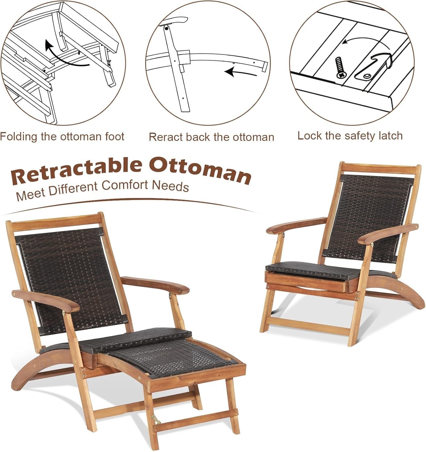 Rattan Sun Lounger Chair Folding Armchair with Footrest & Side Table