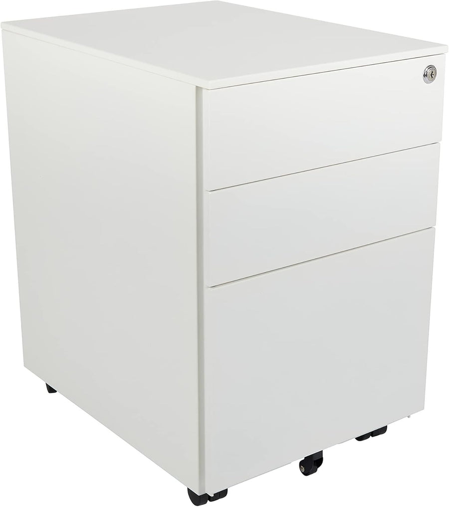 White Narrow Under Desk Filing Cabinet 3 Drawer Lockable 60cm