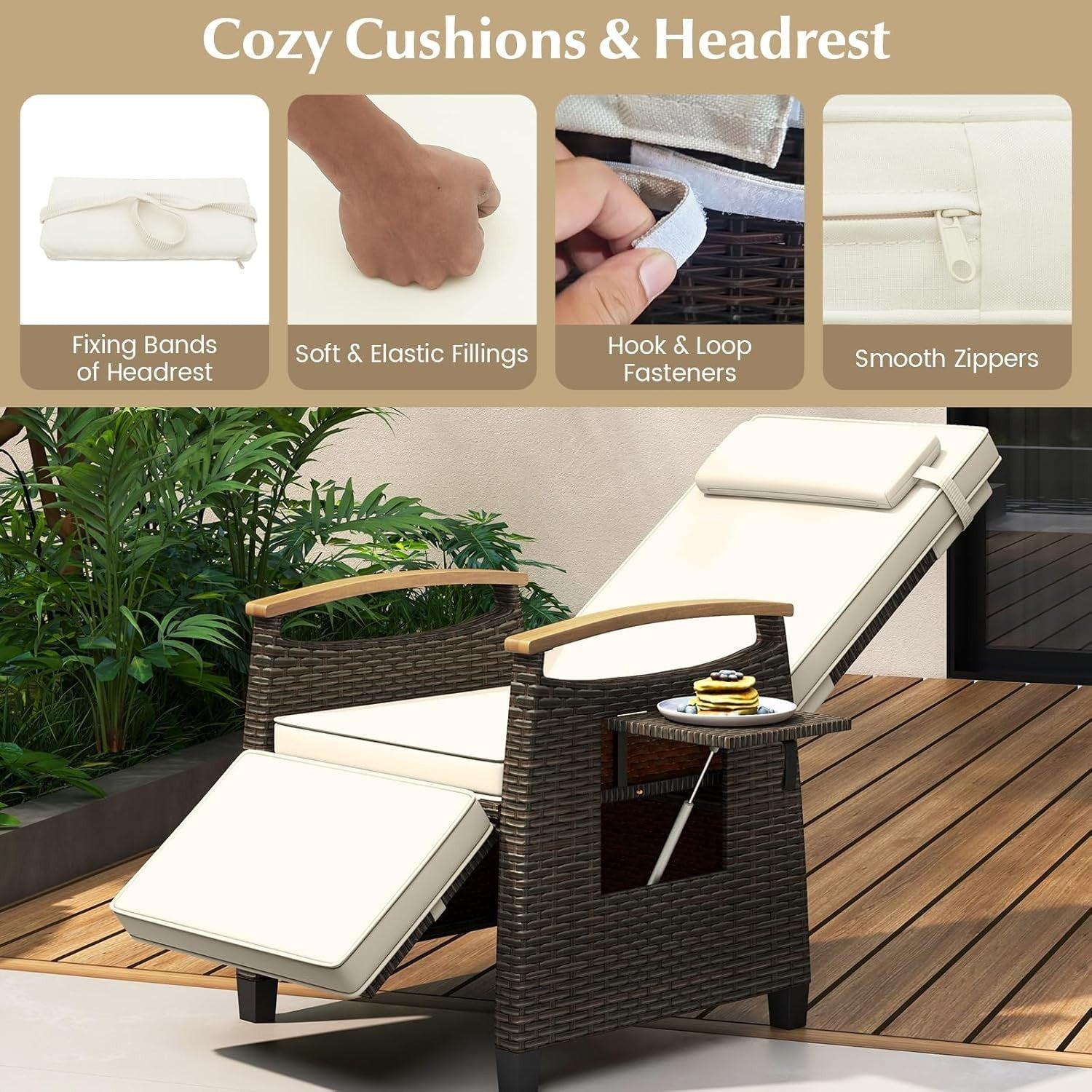 White Rattan Recliner Chair Adjustable Sun Lounger with Footrest & Side Table