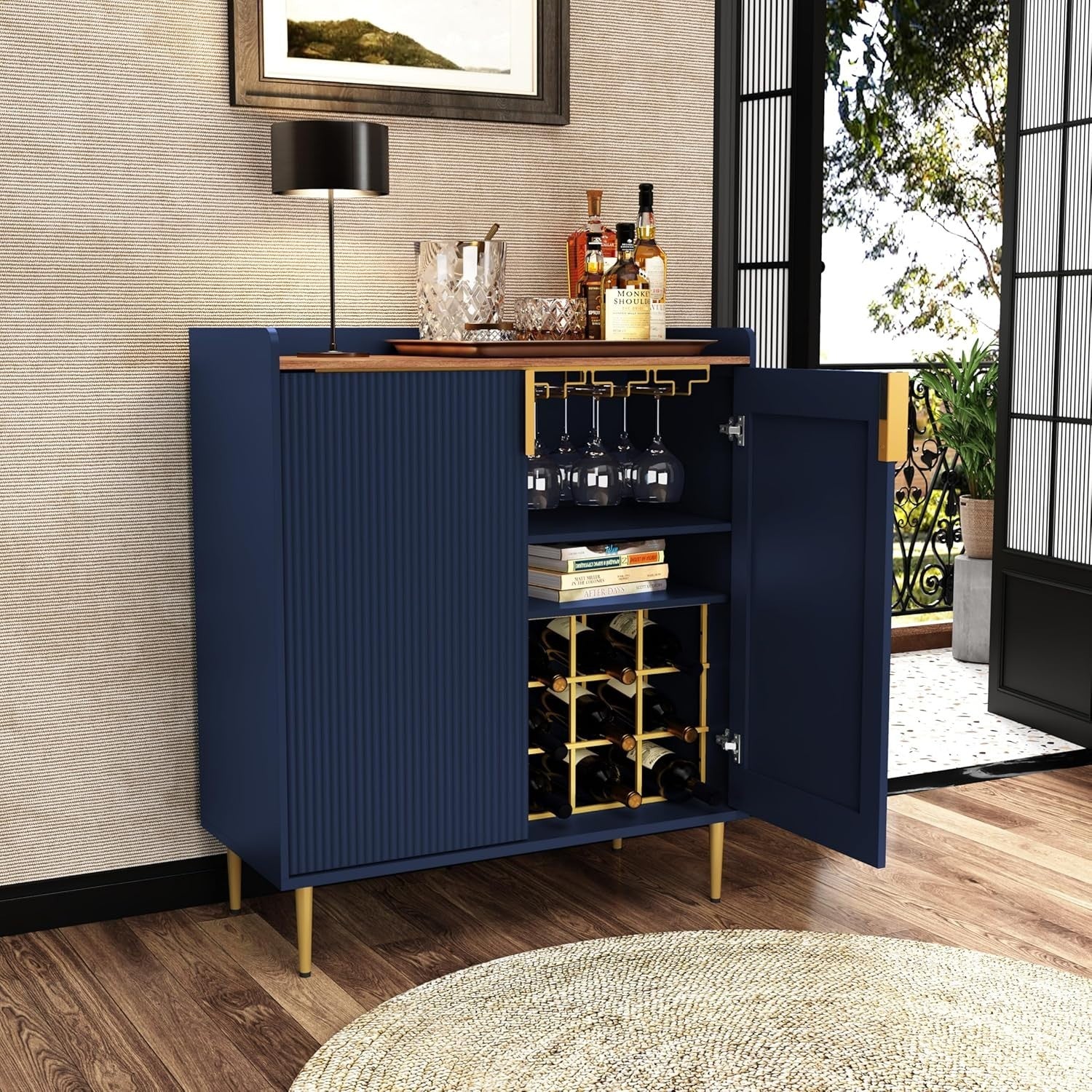Luxury Blue Drinks Cabinet with Wine Rack & Glass Holders – Modern Bar Sideboard