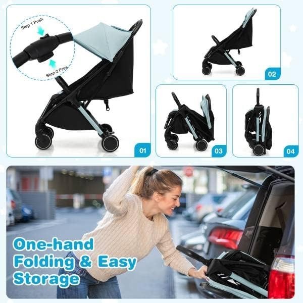Blue Baby Stroller One Hand Fold Lightweight Travel Buggy 5 Point