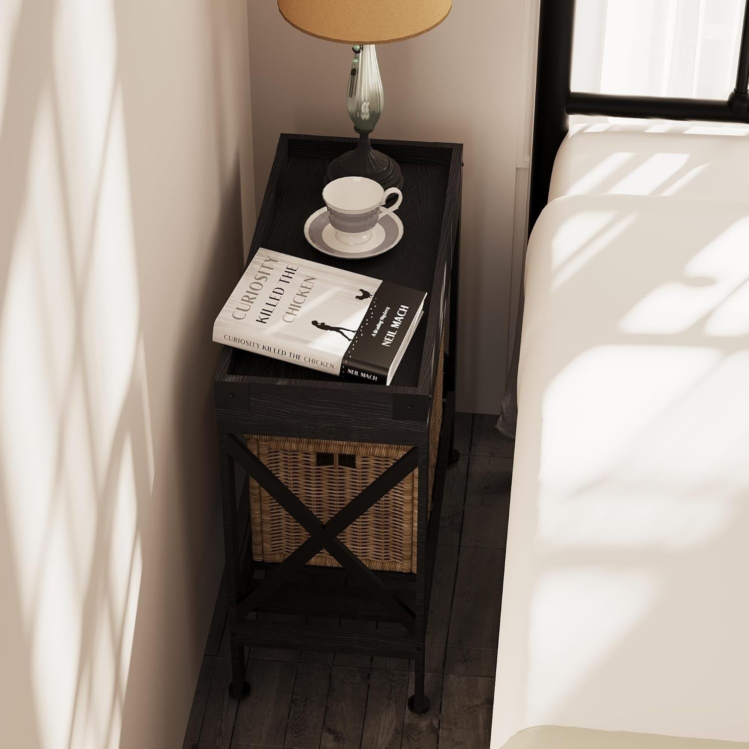 Narrow Black End Table with Storage Shelf – Compact Nightstand for Small Rooms