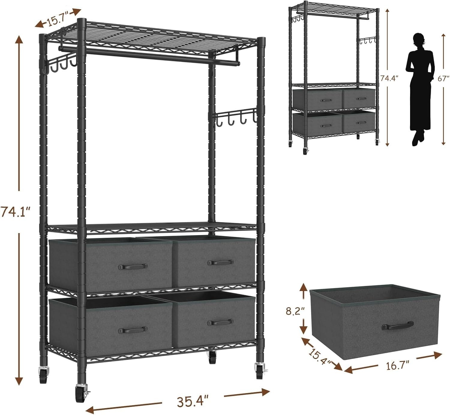 4-Tier Heavy Duty Clothes Rail with Drawers & Hooks – Black 90×40×189cm (S)