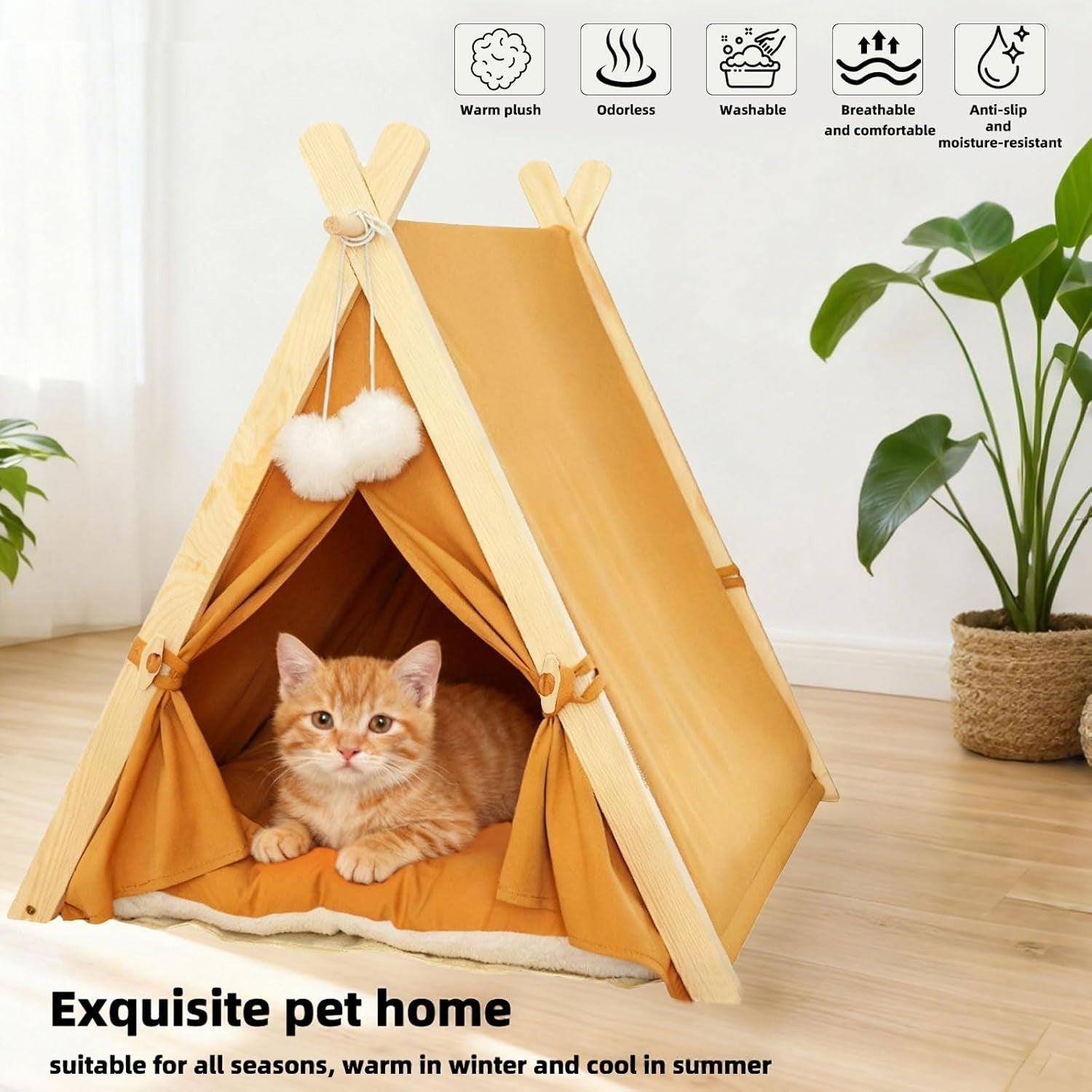 Wooden Pet Teepee Tent Cat Dog House w Cushion Indoor Shelter Yellow