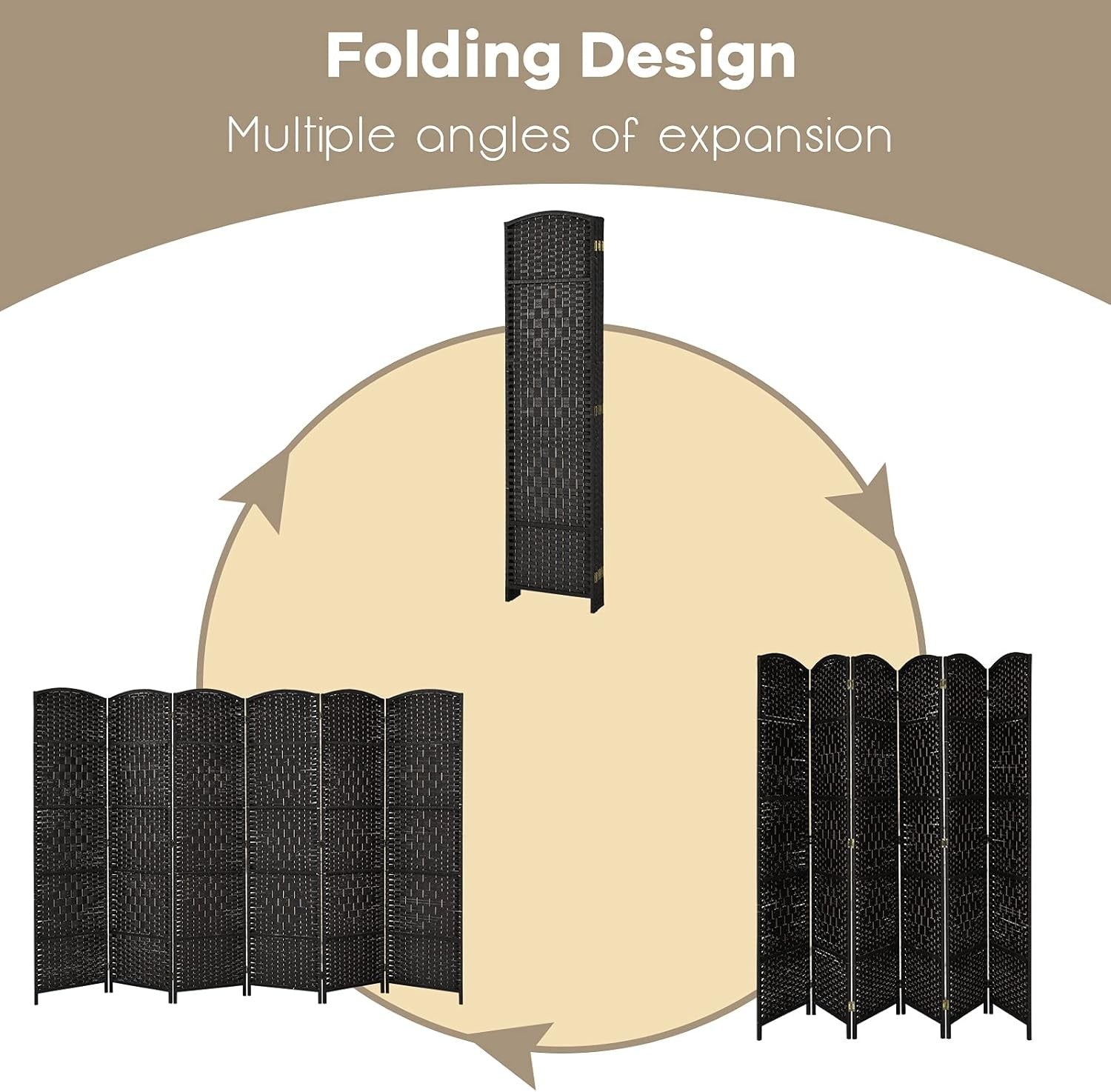 6 Panel Black Wicker Folding Room Divider Privacy Screen for Living Room Office