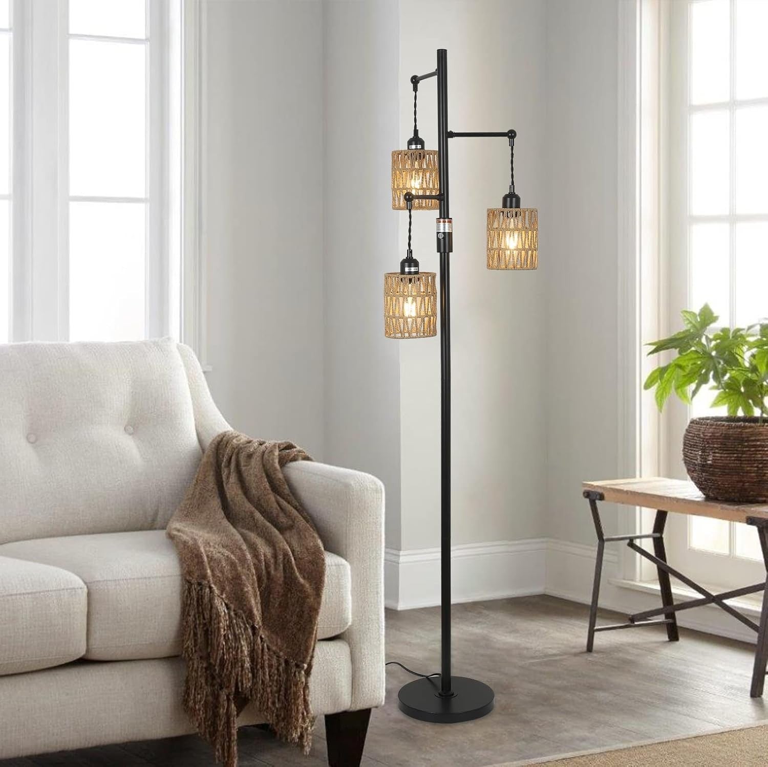 Dimmable Rattan Floor Lamp 3 Light Boho Tall Standing Lamp Stepless Dimmer