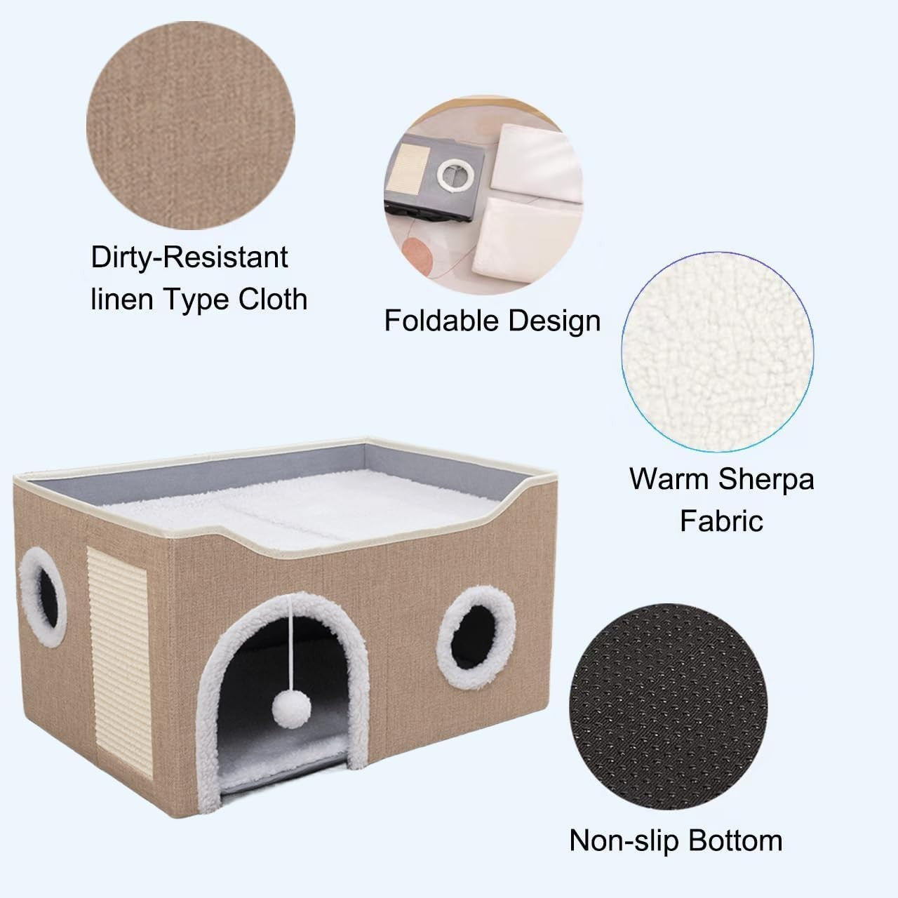 Foldable Cat House Cave Bed 2 Tier Cat Condo w Scratch Board Khaki