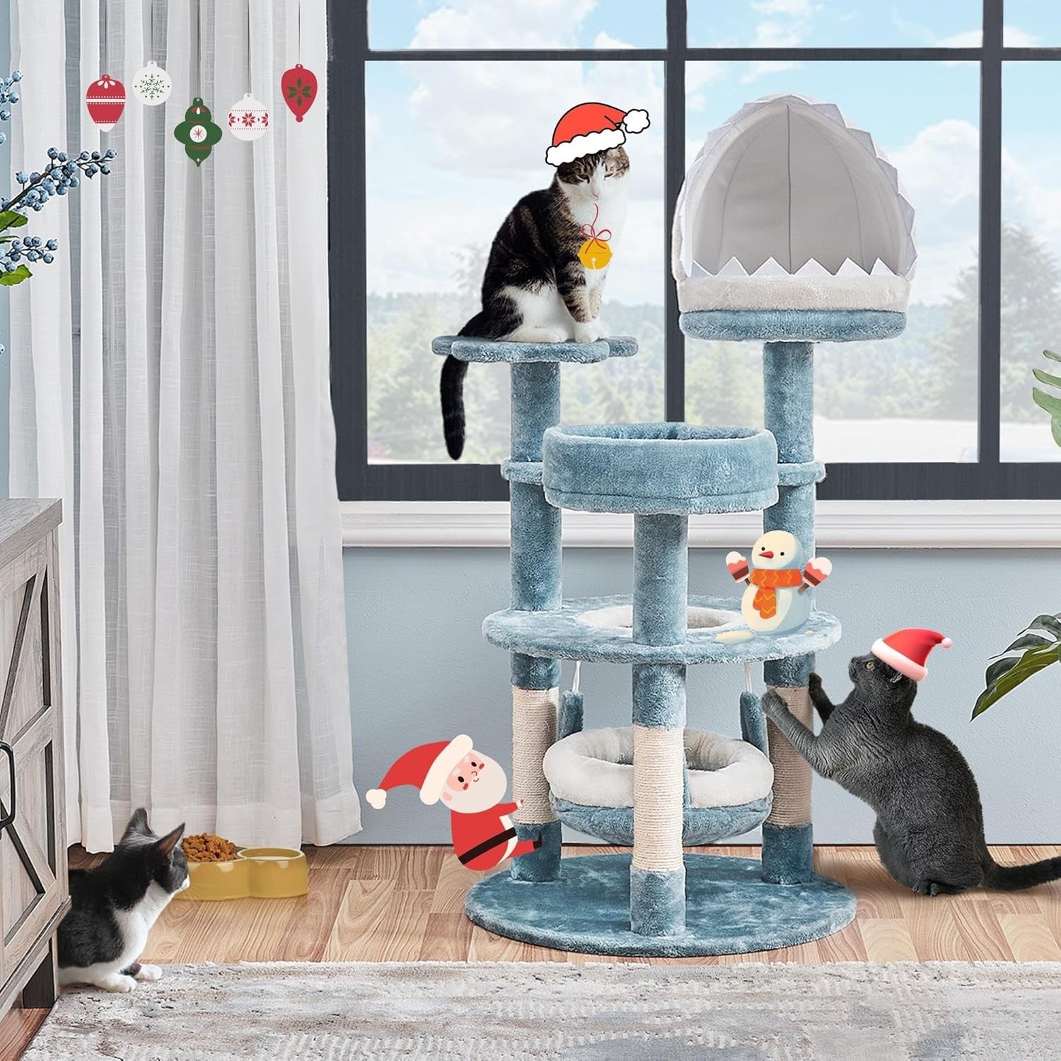 Ocean Blue Cat Tree Tower 115cm Multi Level Scratching Post Shark Nest Hammock