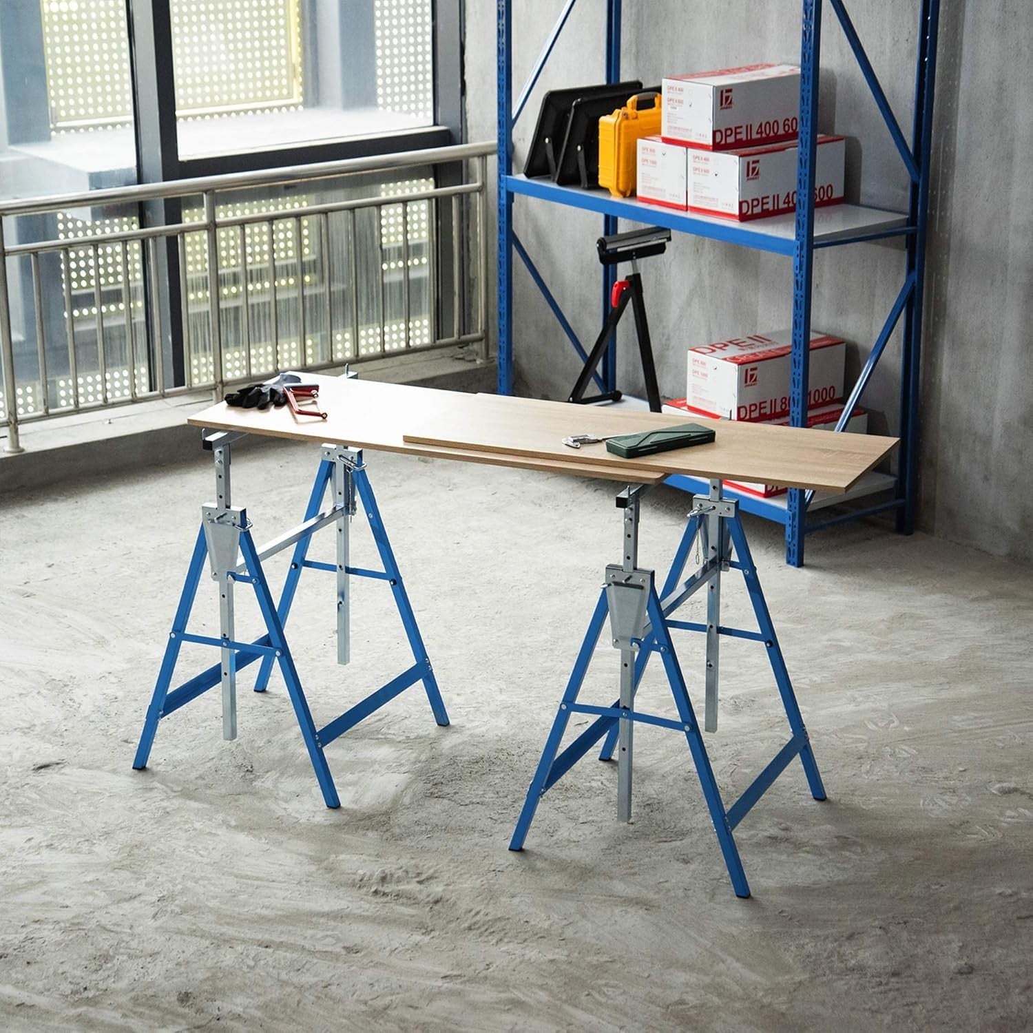 2x Adjustable Telescopic Sawhorse Folding Steel Trestle Work Bench Blue 80–130cm