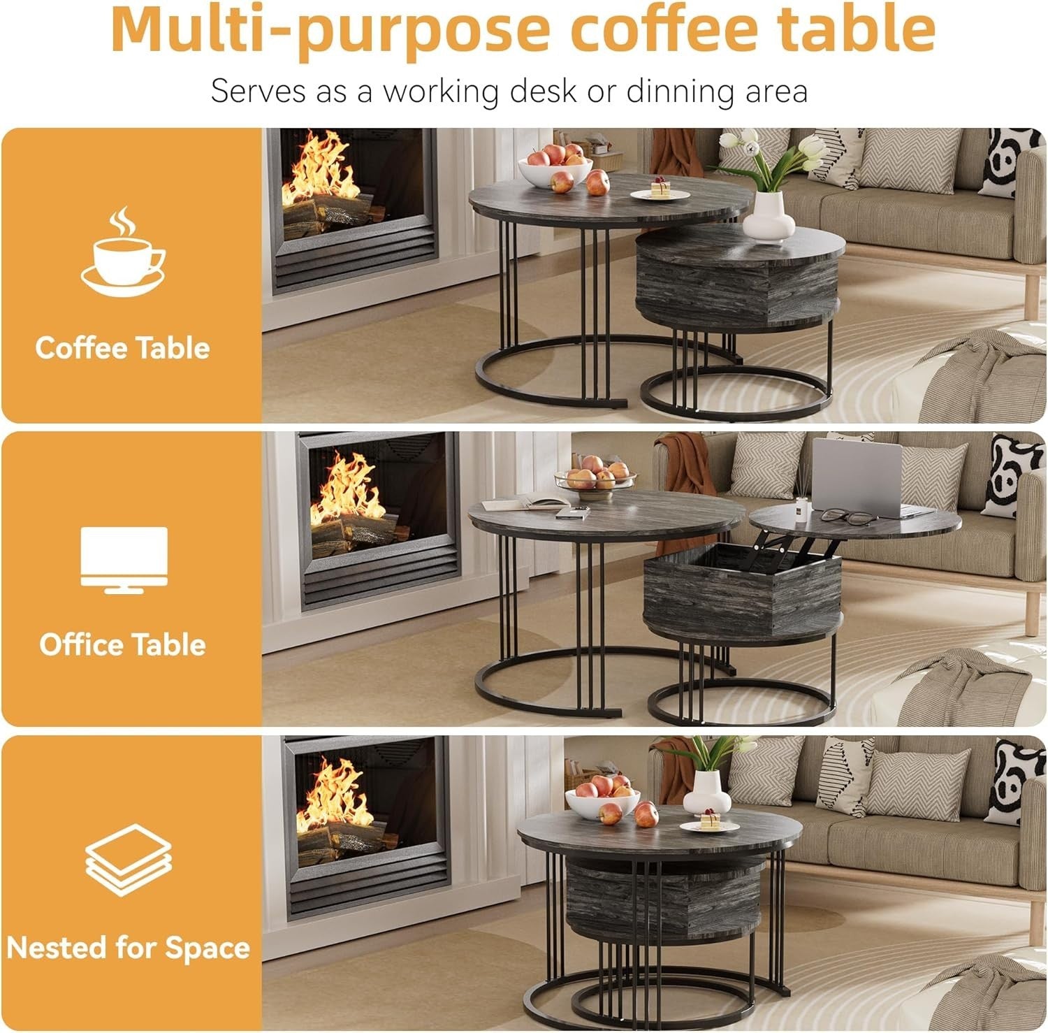 Round Nesting Coffee Table Set Lift Top Storage Glass Top Charcoal Black