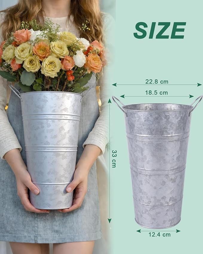 Galvanized Metal Flower Vases Set of 6 Rustic Bucket Planters Indoor Outdoor
