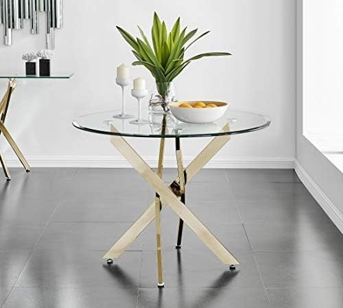 Round Glass Dining Table with Gold Metal Legs Modern 4 Seater 100cm