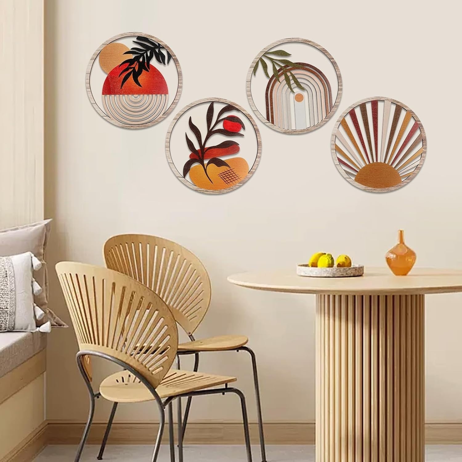 4PCS Boho Wooden Wall Art Botanical Hanging Round Farmhouse Decor