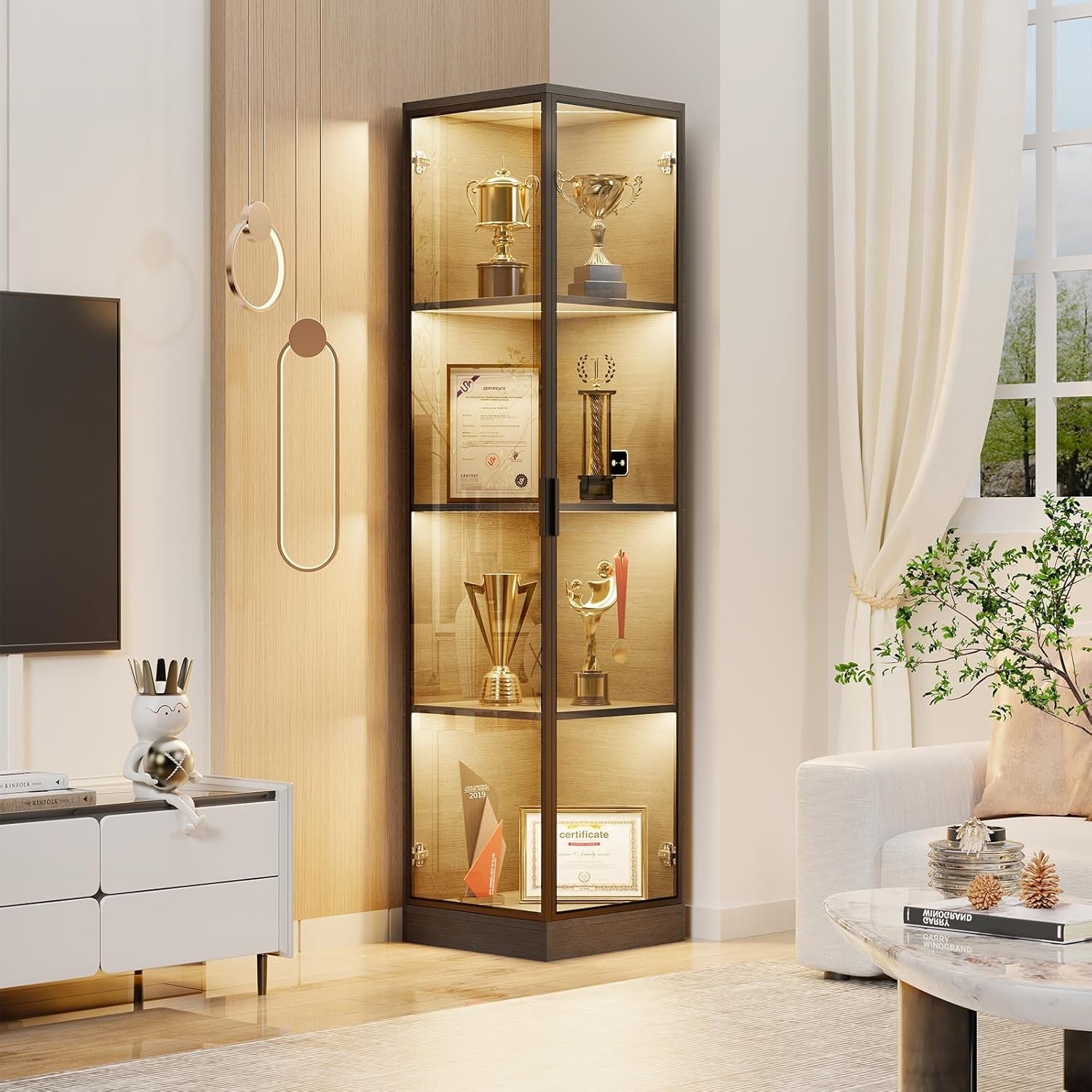 Tall LED Corner Display Cabinet 4-Tier Glass Showcase Unit with Sensor Lighting