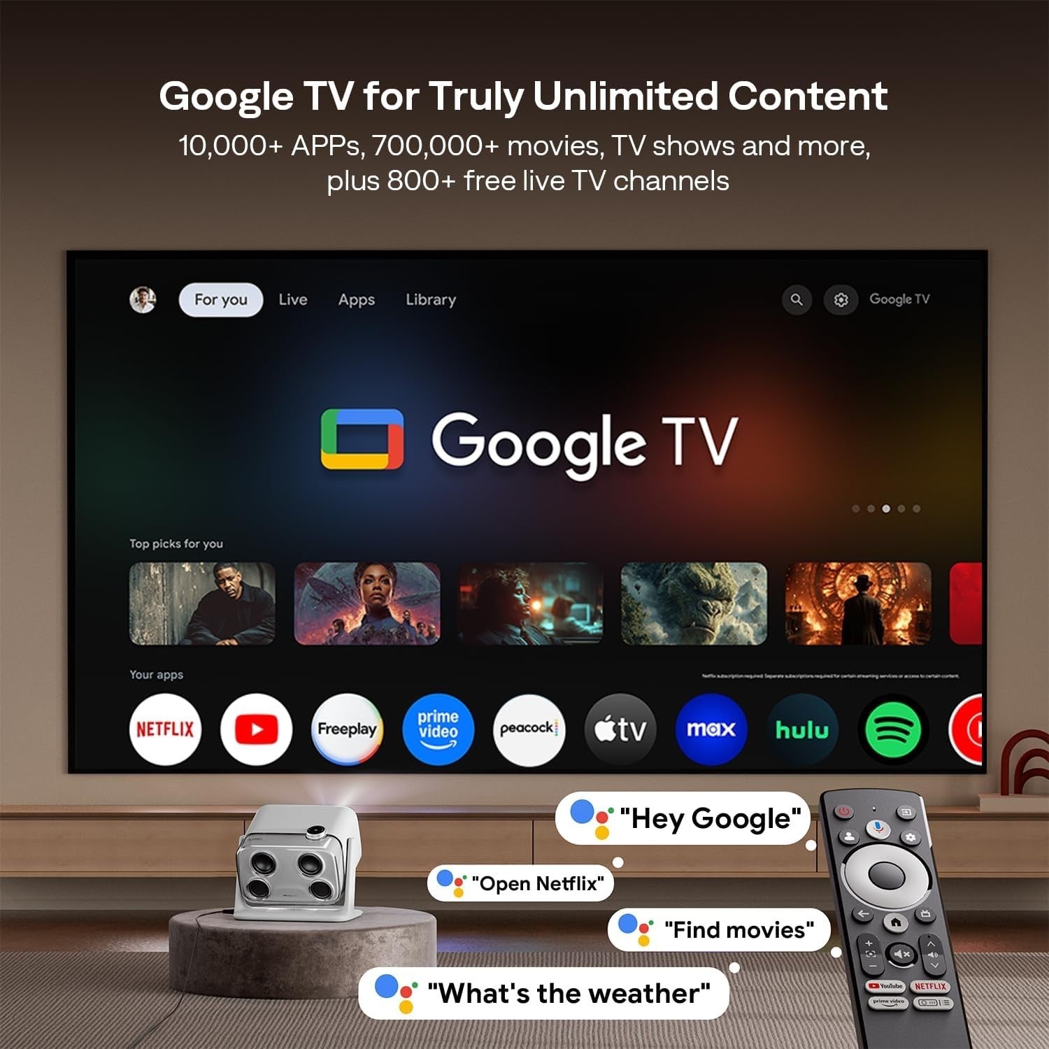 Google TV 1080P Projector 500 ANSI Dolby 20W WiFi Bluetooth 4K