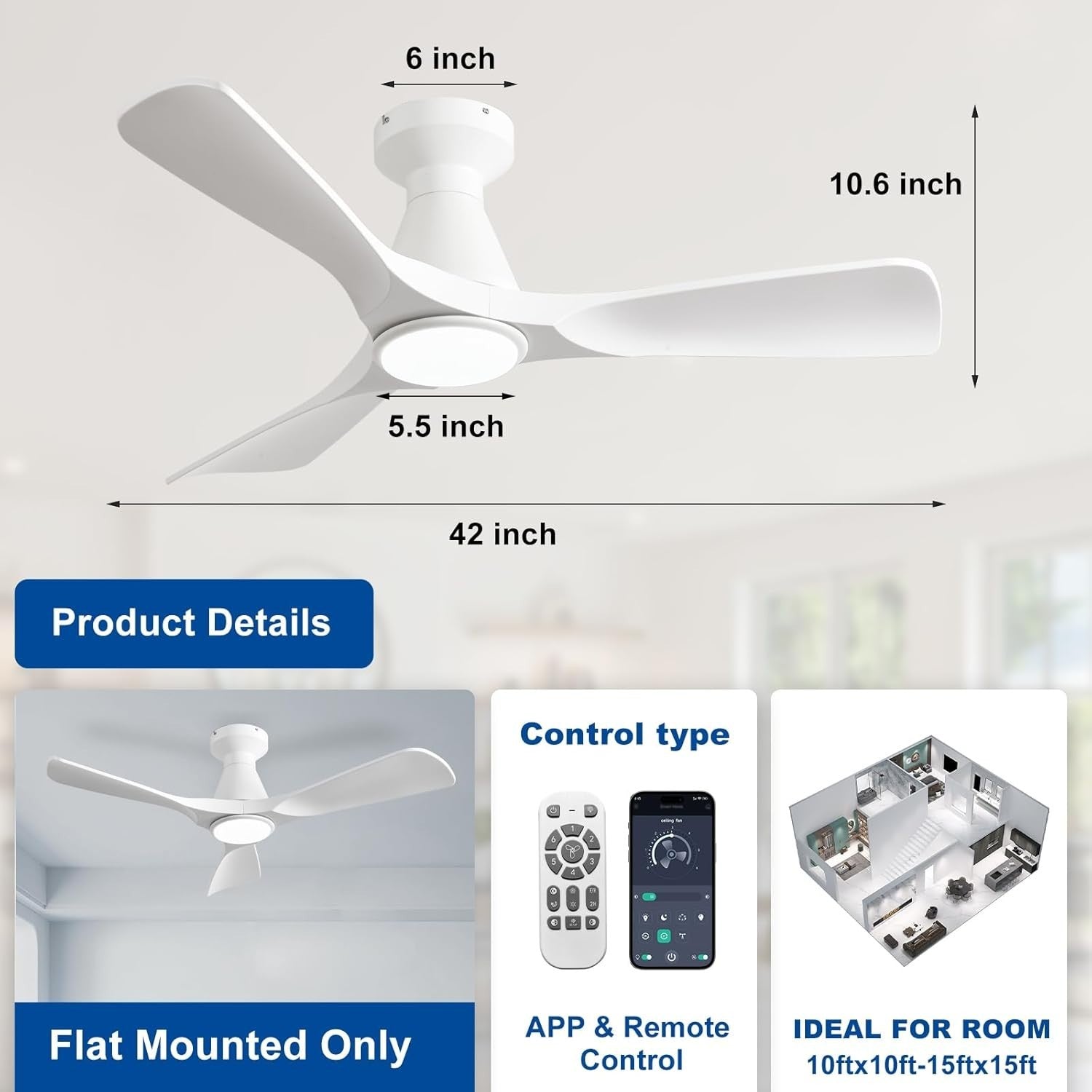 42-Inch White Ceiling Fan with Light, Quiet DC Motor, Remote Control