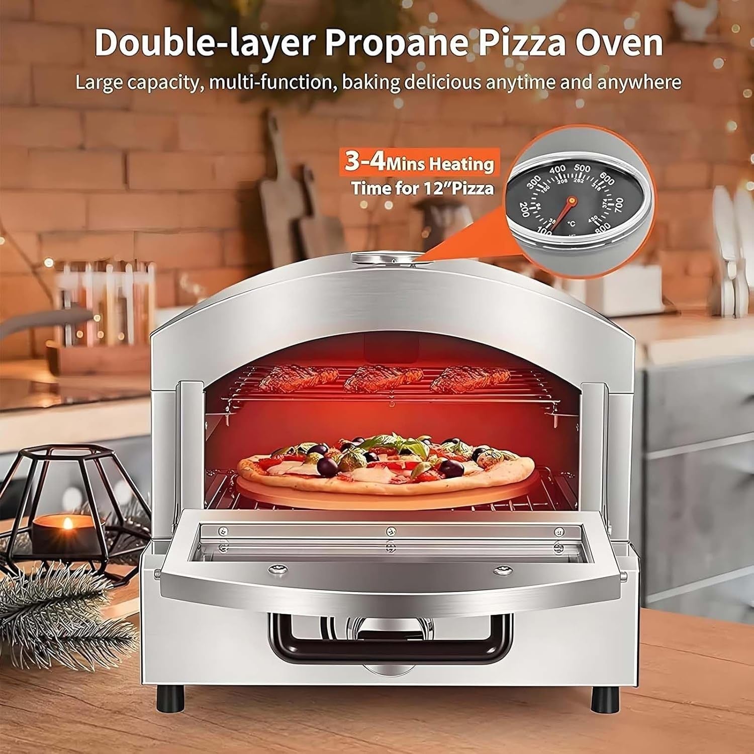 Stainless Steel Gas Pizza Oven | Outdoor BBQ Grill with Thermometer & Tray