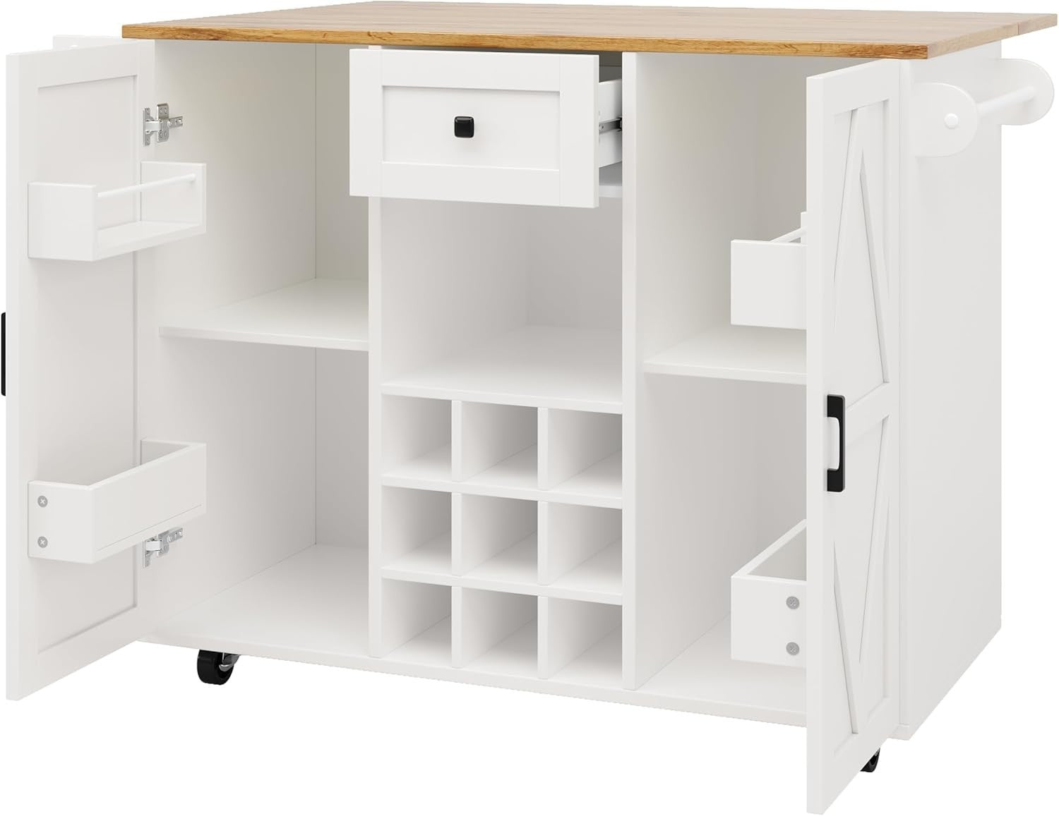 White Natural Kitchen Island Foldable Table Wine Rack