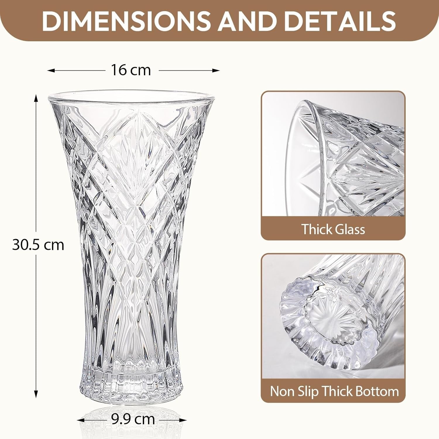 30cm Crystal Glass Flower Vase Tall Diamond Cut Wedding Table Centrepiece