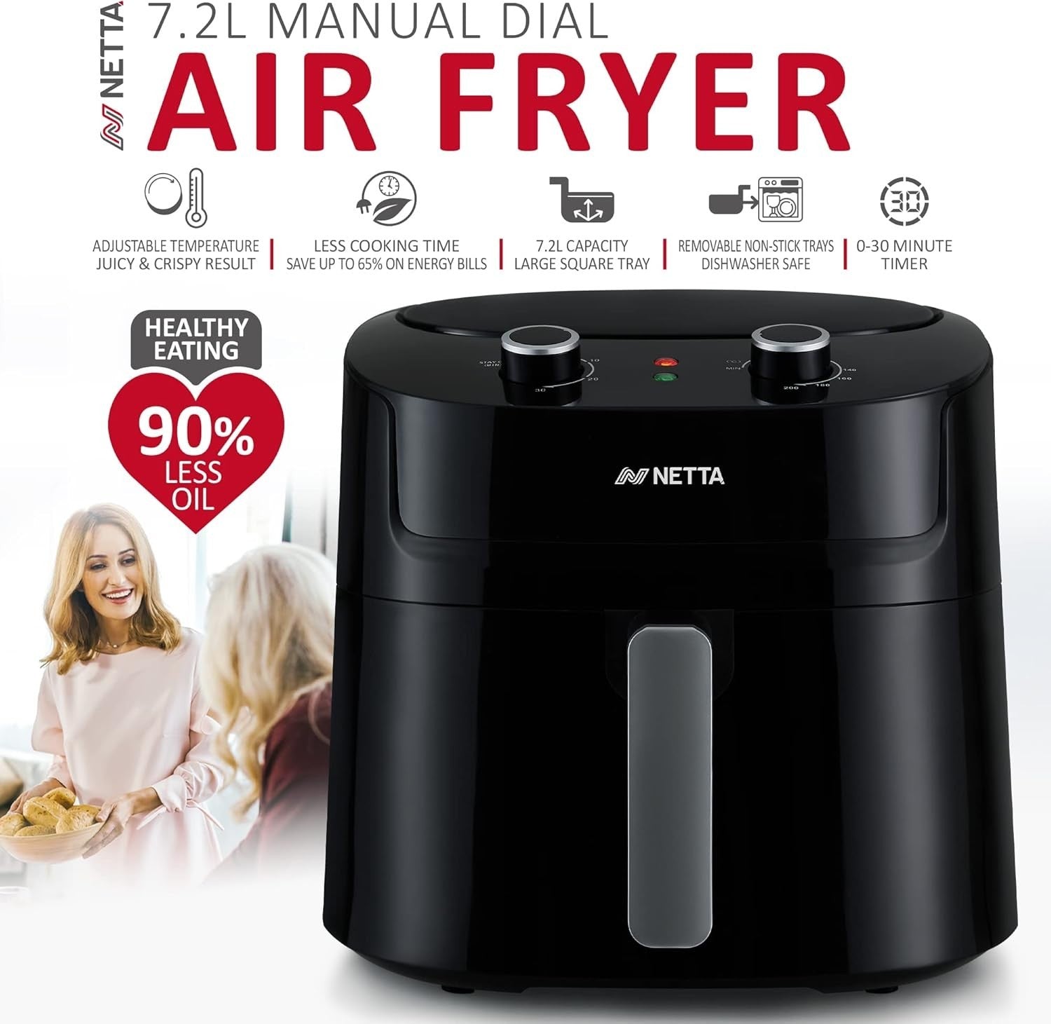 4.2L Air Fryer 220°C Manual Temp Control 30min Timer Oil Free 1300W Black